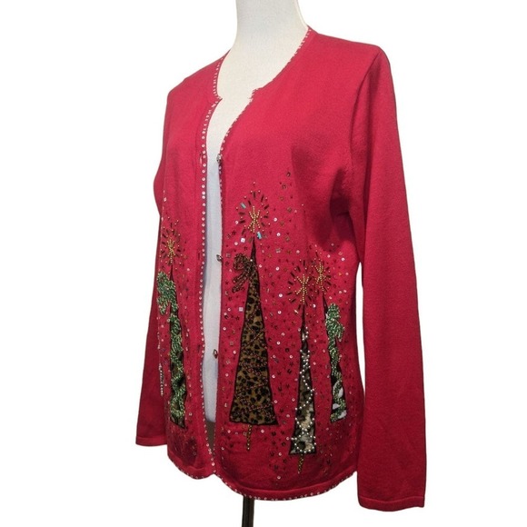 Jack B Quick Christmas Cardigan Trees Embellished Mixed Media Animal Print Large - Picture 3 of 11